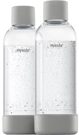 Mysoda : Bouteille de gazéification en PET sans BPA pour machine à eau pétillante, avec fermeture rapide et détails en composite de bois, 2 x 1 L - Gris
