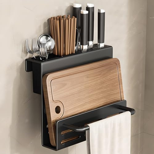 LANMOU Mensole Cucina da Parete, Porta Utensili da Cucina Senza Foratura con Portacoltelli, Acciaio al Carbonio, Organizer Cucina Parete con Supporto Per Tagliere, Tazza Per Cucchiaio, Nero