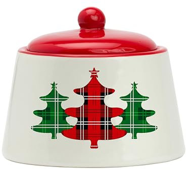 Amici Home Christmas Sugar Bowl with Lid, 8-Ounce Salt Bowl for Kitchen Countertop, Ceramic Lidded Sugar Cube Container with Plaid Xmas Tree Design, 4 x 2.25