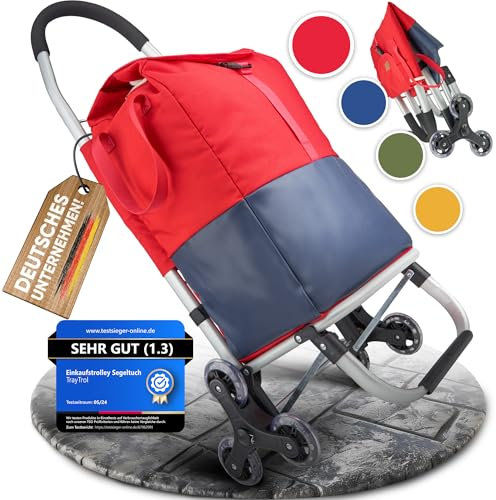 TrayTrol Einkaufstrolley klappbar mit Treppenläufer - Einkaufen ohne Schleppen - Einkaufswagen, Einkaufsroller, Trolley Shopper, Einkaufstasche Rollen, Hackenporsche, Shopping Trolley Bag (rot/blau)