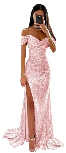 Robe de bal à paillettes scintillantes - Longue sirène - Robe de soirée formelle à épaules dénudées - Avec fente, Rose pâle., XL