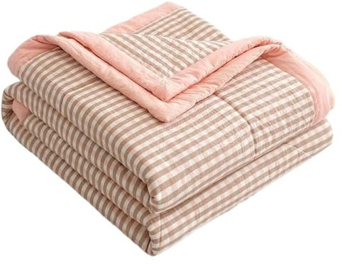 Sommer/Frühling Tagesdecke Bettüberwurf Baumwolle Blau Grün 220x240Cm, Steppdecke Patchwork Wendedesign Kariert, Beige Bedspreads Bettdecke Doppelbett Unterfüttert Und Gesteppt Stepp Decke ( Color :