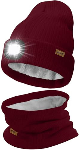 ATNKE LED Mütze mit Licht und Schal Set, Wiederaufladbare USB 4 LED Beleuchtete Laufmütze Winter Warme Gefütterte Fleece Halsschlauch und Stricken Mütze für Herren und Damen Geschenke/Wine Red