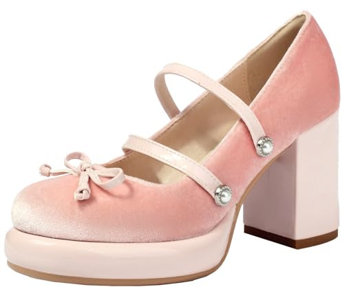 ZaKoonaC Scarpe da donna retrò con tacco grosso Mary Jane con plateau décolleté con fiocchi, Colore: rosa., 36 EU