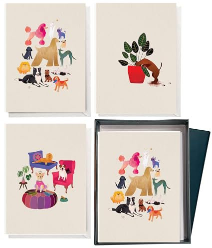 Elena Essex 12 Grußkarten, Hochwertige 300GSM-Karten mit Umschlägen, Goldfolien-Finish, Geschenkbox, Geburtstagskarte frau und mann, Dankeskarten 9,5x13cm Hunde