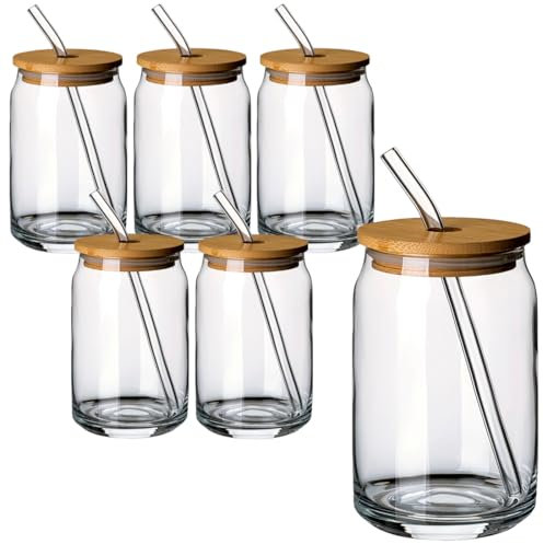 gouveo 6er Set Trinkgläser 500 ml Dose mit Deckel und Strohhalm - Cocktail Gläser aus Klarglas - Longdrinkgläser in Dosenform - Glasbecher mit Strohhalm und Bambusdeckel