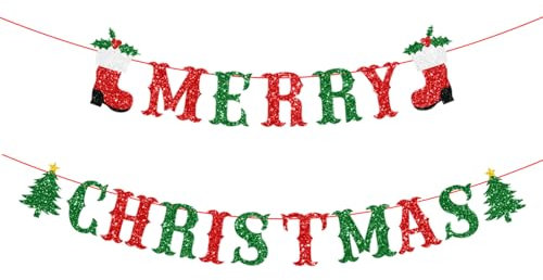 Frohe Weihnachten Schild Girlande Rot und Grün Merry Christmas Banner Weihnachten Party Banner Merry Xmas Banner für Weihnachten Party Dekorationen Xmas Urlaub Kaminsims Kamin Home Decor