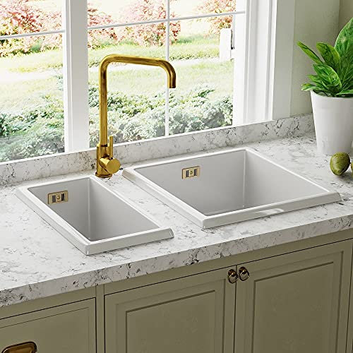 Astini Hampton 150 1.5 Bowl White Ceramic Undermount Kitchen Sink & Gold Waste