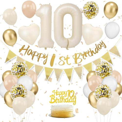 10. Geburtstag Deko Beige, Luftballon Deko 10. Geburtstag Junge Mädchen, Geburtstagsdeko 10 Jahr, Grün Weiß Gold Luftballons 10 Geburtstags mit Banner Tortendeko für Geburtstags Party Dekoration