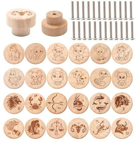 Rebanky 24 Stück Möbelknöpfe Holz Rund Tier Sternzeichen Schrankgriffe Holz 35 x 26 mm Holzknöpfe Kommode für Garderobe, Schubladen, Wohnzimmer