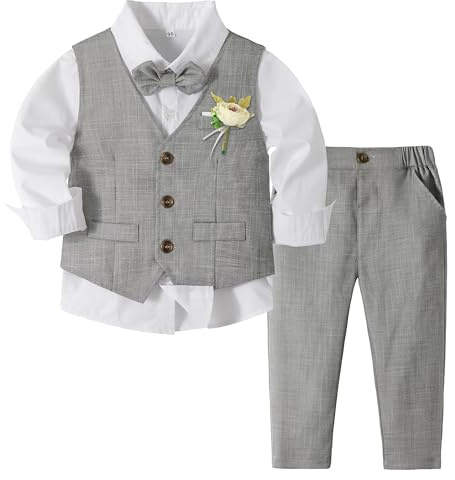 Volunboy Baby Boys 4-Piece Formal Suit, Toddler Waistcoat Wedding Party Birthday Dress Gentleman Suit (Grey, 3-4 Years,Tag Size 110)