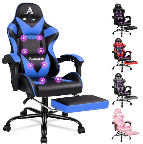 ALFORDSON Silla de Masaje para Videojuegos, Silla de Carreras con reposacabezas, Silla ergonómica de Escritorio, sillón reclinable, reposapiés Plegable, Capacidad de 180 kg, Cuero sintético, Azul