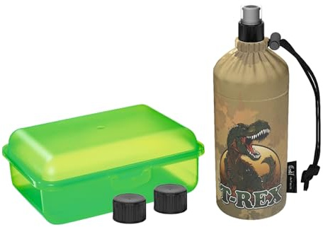 Emil Trinkflasche aus Glas inkl. Brotbox & Ersatzverschlüsse – Starterset zur Einschulung - BPA-frei & schadstofffrei, isolierend – Ziehverschluss für Wasser, Saft & Milch – T-Rex