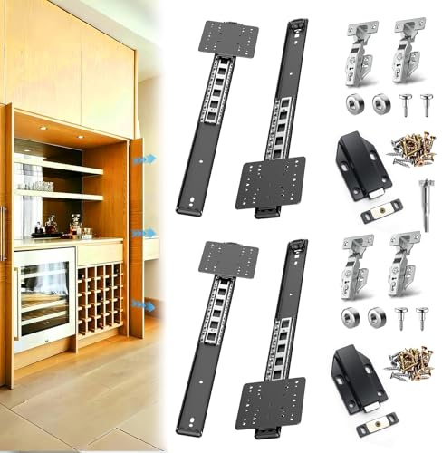 JAXYOOM Correderas de bolsillo para puertas de armarios con bisagras ocultas, kit de herramientas deslizantes magnéticas resistentes para muebles de cocina y puertas empotradas, cierre suave retráctil