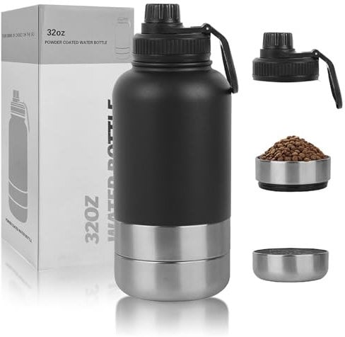 Gourde 2 en 1 pour chien de 32 oz - Pour les déplacements - En acier inoxydable 304 - Avec gamelle et bol d'eau - Bouteille isotherme pour homme et chien - Idéale pour l'extérieur, la randonnée et les