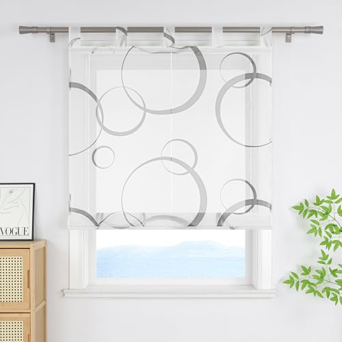 ESLIR Raffrollo mit Schlaufen Modern mit buntes Blasenmuster Raffgardinen Transparent Bändchenrollo für Fenster Voile Schlaufenrollo Wohnzimmer Grau BxH 140x150 cm 1 Stück