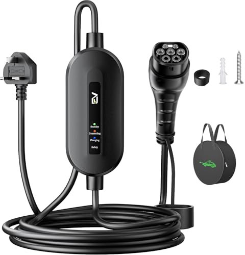 Evjuicion EV Charger 3 Pin Plug 8M, [2.3kW, 10A] EV Charger Cable Type 2 to 3 Pin Plug, IP67/IP65 Electric Car Charger Type 2 Charging Cable with Gun Holder & Carry Bag
