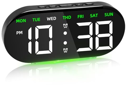 Indrnif Digitaler Wecker mit Großer LED-Anzeige,Digital Uhr mit Nachtlicht,Snooze,Datum, Temperatur und Wochentag,Einstellbare Helligkeit,12/24H Doppelwecker für Schreibtisch Schlafzimmer Büro(Grün)