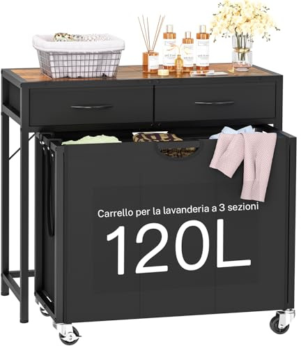 FIONESO Wäschekorb 3 Fächer, 120 L Wäschesammler mit 2 Schubladen, Wäschekorb mit Rollen & Zweifarbige obere Platte, Wäschewagen für Waschraum, Badezimmer, Eingangsbereich - 80 x 32 x 76,5 cm