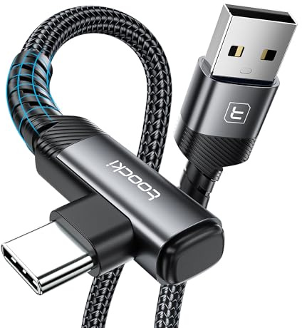 toocki Cable USB A a USB C 3M, 3A Tipo-C 90 Grados, Nailon Trenzado, Negro | Carga Rápida USBC, Cable 90°, Trenzado Durable para iPhone 17/16 Pro Max/Galaxy S25/S24/S10/S10+/Switch, Ideal Gaming/Coche