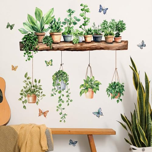 FUFUQUARE Pegatinas de Pared Plantas en Macetas Mariposas Vinilos Decorativos Pared Estilo Acuarela Adhesivos de Pared Plantas Verdes para Decoración de Salón Dormitorio Pasillo Oficina