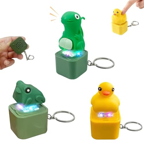 PGonline 3 Stück Spielzeug Frosch Ente Schlüsselanhänger, Tastatur Wiederaufladbarer Schlüsselanhänger, Tier Keychain Mit Bunten Lichtern, Eidechse Spielzeug mit Sound Anti Angst