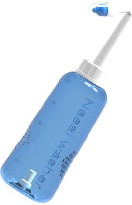 500ml Nasenspülflasche mit 2 Düsen Blau aus Kunststoff | Wasserflusskontrolle per Knopfdruck, für Anwendung Umgedreht, für Erwachsene und Kinder
