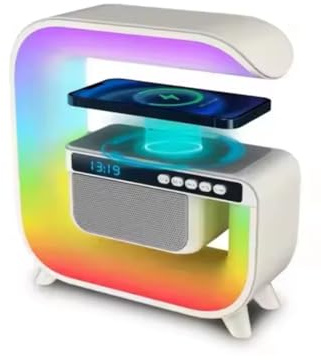 Enceinte Bluetooth Multifonction avec Chargeur sans Fil 15W, Veilleuse LED RGB, Réveil, Caisson de Basses pour Téléphone Portable