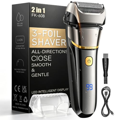 Rasierer Herren Elektrisch, 2-in-1 Elektrorasierer Herren Folienrasierer, 80Min Akku & Reise-Lock, USB-C, IPX7 Wasserdicht, Ultradünne Folie, Präzisionstrimmer, Hochfrequenz-Vibration für Glatte Haut