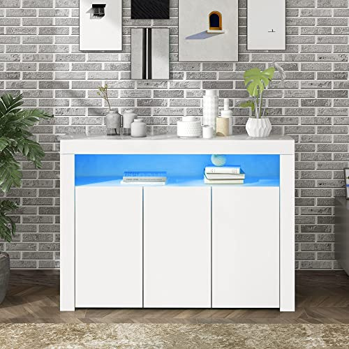 staronce Sideboard Hochglanz Weiß mit LED-App-Steuerung – 3-türiger Buffetschrank, Kommode, Highboard für Wohnzimmer, Küche, Esszimmer, Flur, 130x35x95 cm