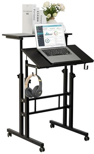 SIDUCAL Mobiler Stehpult, tragbarer Stehpult, Kleiner Verstellbarer Konverter mit Rädern, Heimbüro, Arbeitsplatz, Rollschreibtisch, Laptopwagen zum Stehen oder Sitzen, Schwarz