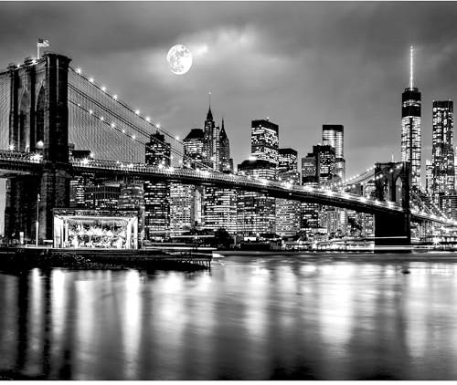 decomonkey - Papier Peint Panoramique New York Ville 300x210 cm - Décoration murale moderne – Tapisserie décorative pour chambre salon - Lune ville pont nuit new york usa eau