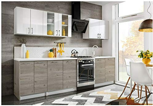 NAKA Küche Schränke Küchenzeilen EKO 280 cm Weiss Hochglanz/Nelson MATT/Soft Close