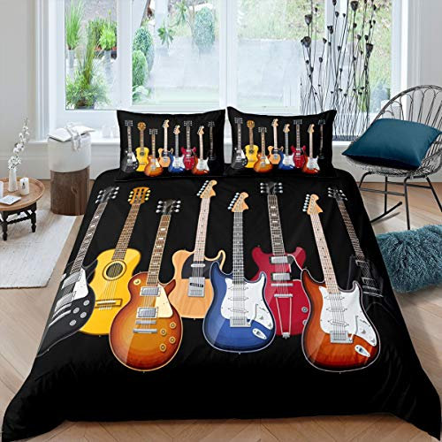 Loussiesd Bedruckte Gitarre mit bunten Musikmotiven für Kinder, Erwachsene, musikalischer Hip-Hop-Stil, gestreift, Tagesdecke für Schlafzimmer
