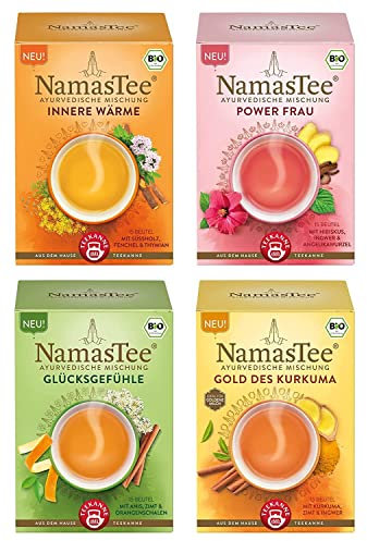 Teekanne NamasTee - Alle 4 Sorten - Kräutertee nach Ayurvedischer Mischung - Power Frau (27g), Gold des Kurkuma (30g), Glücksgefühle (30g), Innere Wärme (27g)