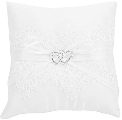 Hochzeit Ringkissen, Quadratische Form Ivory Blume Hochzeitsaccessoires Kissen Ring-Träger-Kissen Weiß Doppel Herz Kristall Strass Ehering-Kissen Mit Satinband für Strandhochzeitsfeier Zeremonie