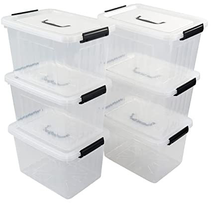 Afromy 6-Pack 12 L Storage Box, Plastic Latch Bin with Handle/Lid, Clear