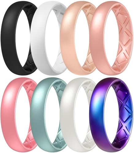 Egnaro Silicone Ring Women, Inner Arc Ergonomic Breathable Design Womens Silicone Wedding Ring, 4mm Width,1.5mm Thickness Rubber Wedding Bands Women,7 Rings,4 Rings, Silicone, No Gemstone