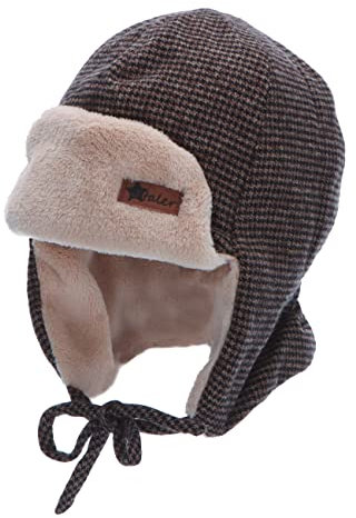 Sterntaler Baby Jungen Mütze Baby Fliegermütze Hahnentritt Mütze - Mütze Baby - mit Hahnentritt Muster und Bindeband - dunkelbraun, 51