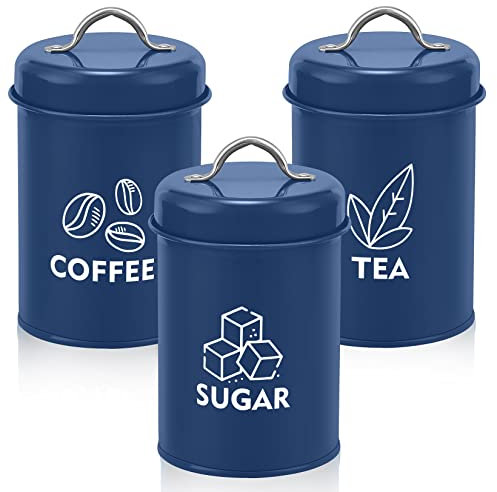 Onader Set of 3 Tea Coffee Sugar Canisters, Metal Storage Containers Jars with Lids for Kitchen Farmhouse Decoration, Perfect for Storing Food, Biscuit, Cake, Spice or Beans, Vintage Design, Dark Blue