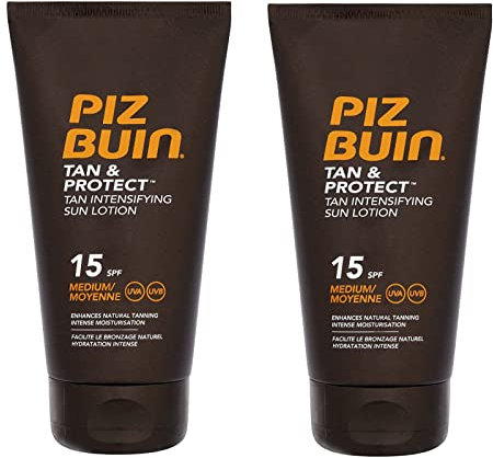 BUZZUFY PIZ BUIN – Tan & Protect Bräunungsintensivierende Lotion LSF 15, 150 ml, 2er-Pack