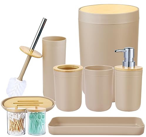 iMucci Badezimmer-Zubehör-Set – mit Mülleimer, Zahnbürstenhalter, Seifenspender, Seifen- und Lotion-Set, Trinkbecher (8-teilig, beige Bambusabdeckung)
