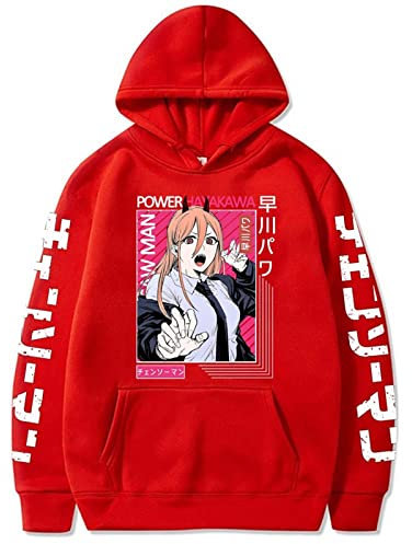 Kinsea Hoodie Men with Pocket, Chainsaw Man Manga POWER Hoodies Pullover Sweatshirt Long Sleeve, Manga Style Cosplay Top Casual Streetwear
