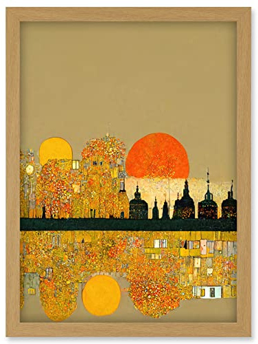 Doppelganger33 LTD Klimt Inspired Autumn Sunset City Skyline Patterns Artwork Framed Wall Art Print A4