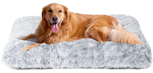 EHEYCIGA Fluffy Dog Crate Bed for Extra Large Dogs, Plush Faux Fur Pad, Calming Anti Anxiety XL Bed for Crate, Washable Soft Warm Dog Mat with Non-Slip Bottom, Grey
