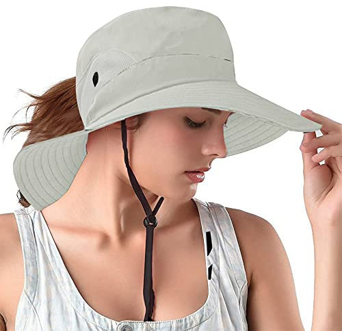 Rosoz 2 Stück Pferdeschwanz-Sonnenhüte für Frauen, UV-Schutz, faltbares Netzgewebe, breite Krempe, Wandern, Strand, Angeln, Sommer, Safari .., 1 Packung - Pure Beige, 7 3/4 / 7 7/8