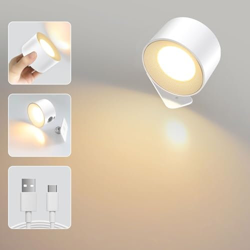 Caldarax LED Wandleuchte Innen, Wandlampe mit Akku, Touch Control 3 Farbmodi 3 Helligkeitsstufen, 360° drehbare, für Wohnzimmer Schlafzimmer Treppenhaus Flur Kabellose Wandleuchten, Weiß, 1 Stück