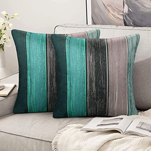 Hanrunsi Kissenbezug 50x50 Türkis Kissenbezüge Leinen Modern Dekorative Zierkissenbezug Quadratischer Holzstreifen Retro Kissen für Sofa Couch Autobett Wohnzimmer Home Decor 2er Set