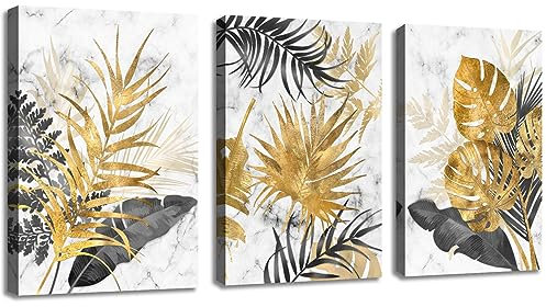 3 Teilig Leinwandbilder Bilder mit Rahmen Abstrakt Grau Gold Blätter bild auf leinwand Wandkunst Modern Wandbilder Kunstdruck Deko für Wohnzimmer Schlafzimmer fertig zum Aufhängen 120x60cm(40x60x3)