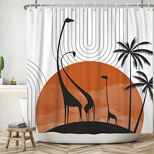 Ttincceer 183x183cm Abstrait Boho Rideau de Douche Long Cou Dinosaure cocotier Silhouette Rideau de Salle de Bain époque Antique Rideaux de Douche Animaux Rideau de Baignoire étanche